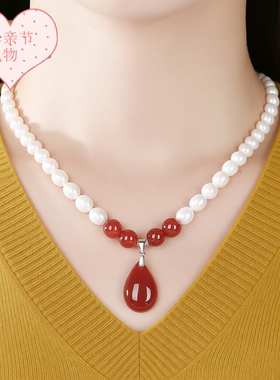珍珠项链女红玛瑙吊坠中长款锁骨