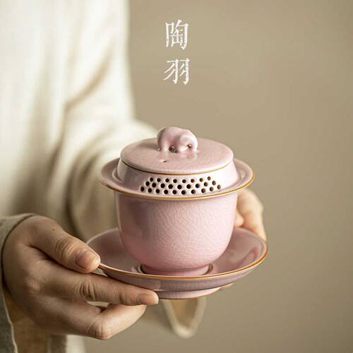 陶瓷三才盖碗窑变大号单个粉汝钧瓷高档功夫茶具家用带盖泡茶碗