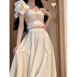 外贸清仓 女设计感一字肩衬衫 甜美风套装 高腰开叉 2025夏季 韩版