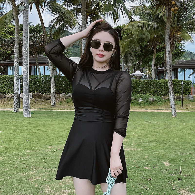 泳衣女夏大码胖mm200斤显瘦遮肚黑色性感钢托聚拢连体裙式两件套