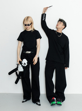 FILGood黑色长袖T恤 圆领纯棉宽松版型 设计偏长轻松叠穿FG01T02