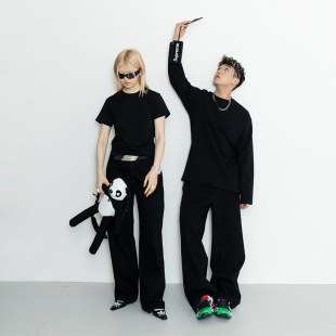 FILGood黑色长袖T恤 圆领纯棉宽松版型 设计偏长轻松叠穿FG01T02