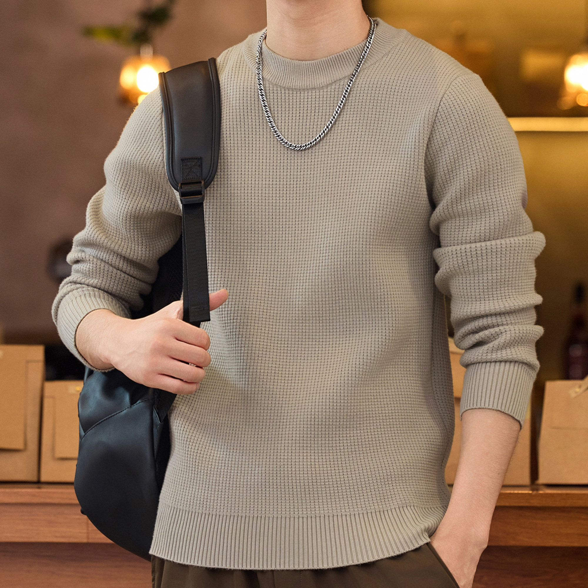 秋冬圆领毛衣男美式复古保暖针织衫冬季纯色套头宽松线衣加厚加绒