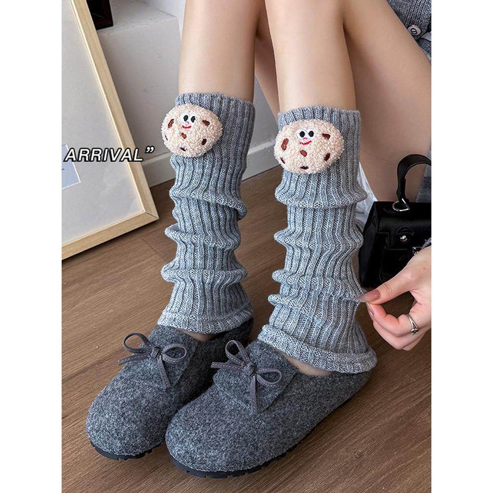 秋冬甜美可爱毛绒小饼干针织袜套女条纹堆堆腿套y2k小熊中筒袜子