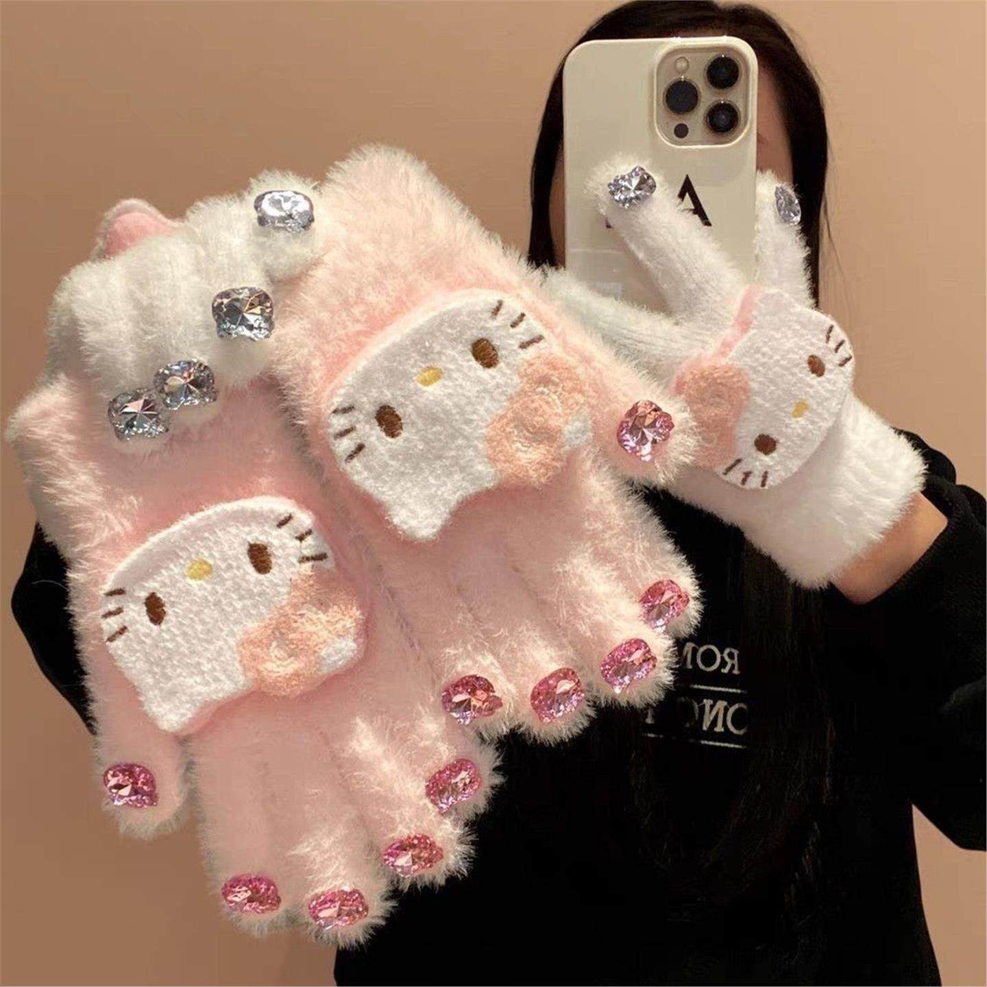 亲子KT美甲手套带钻女冬季