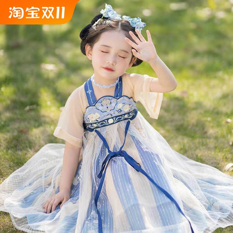 女童汉服蓝d色襦裙夏儿童宝宝中国风短袖公主连衣裙古装裙子渡假