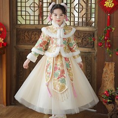 汉服女童a冬季裙子2024新款儿童冬装加绒唐装旗袍连衣裙复古拜年