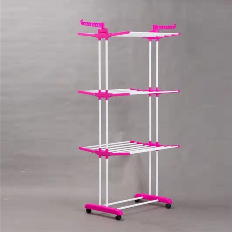 长期爆款翼型可折叠落地式晾衣架 三层带轮可移动多功能毛巾架子