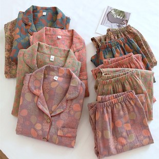 高档色织全棉睡衣女春秋夏季 家居服套 纯棉纱E布双层绉布薄款 长袖