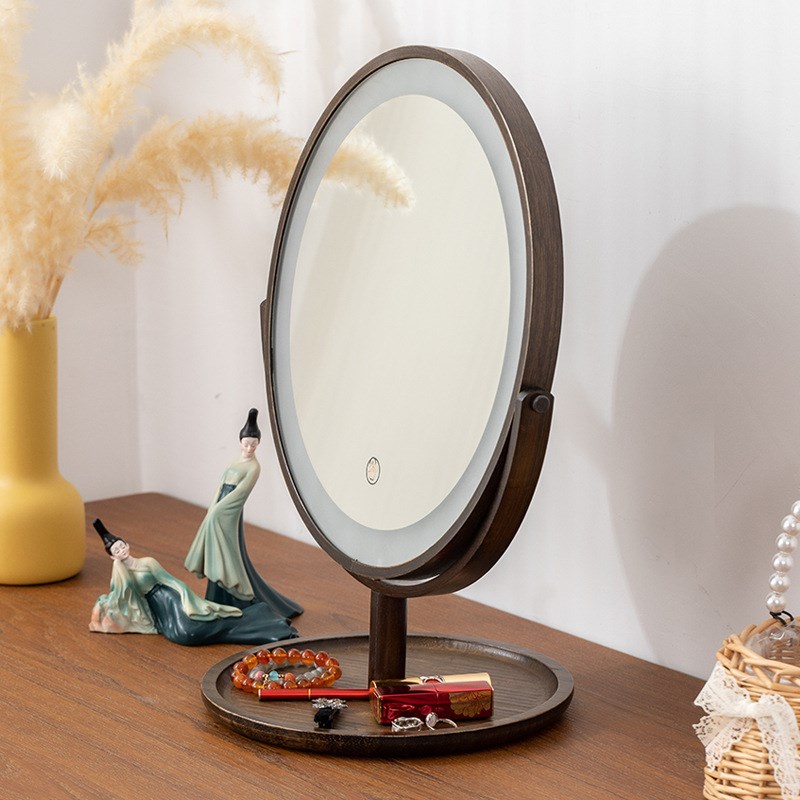 复古化妆镜led带灯家用桌面非木质卧室台式梳妆镜学生宿舍镜子