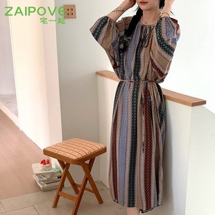 宅一起春季 可外穿家居服 长袖 棉绸睡裙女夏睡衣连衣裙人造N棉大码