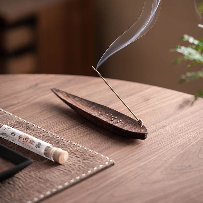 中式实木香插黑胡桃复古线香插创意竹叶形家用茶道檀香底座香盘托