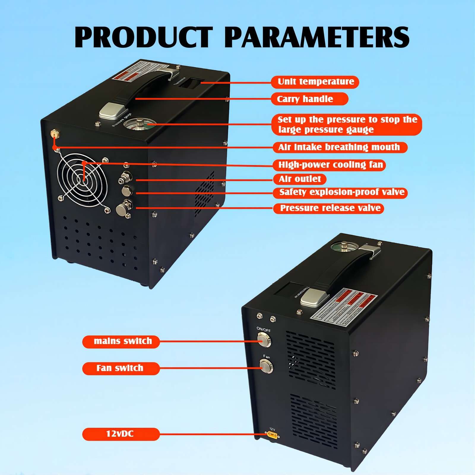 220V/12V车载高压打气泵30mpa电动打气机压缩机便携自动停机