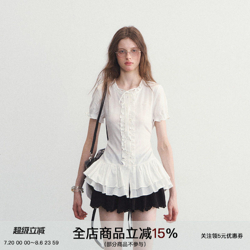 SPEAR YOUTH“小夏日和”纯白荷叶边拼接上衣韩系收腰短袖T恤衬衫