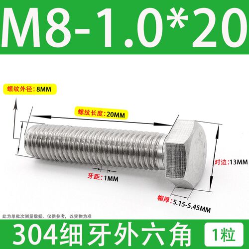 304不锈钢细牙外六角螺丝M6M8M10M12M14M16*0.75/1.0/1.25/1.5