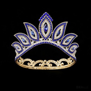 复古蓝宝石皇冠发饰新娘婚纱头饰宴会走秀巴洛克王冠成人礼配饰