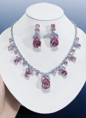 轻奢欧美锆石装饰项链耳环套装粉色郁金香锁骨链婚纱礼服配饰