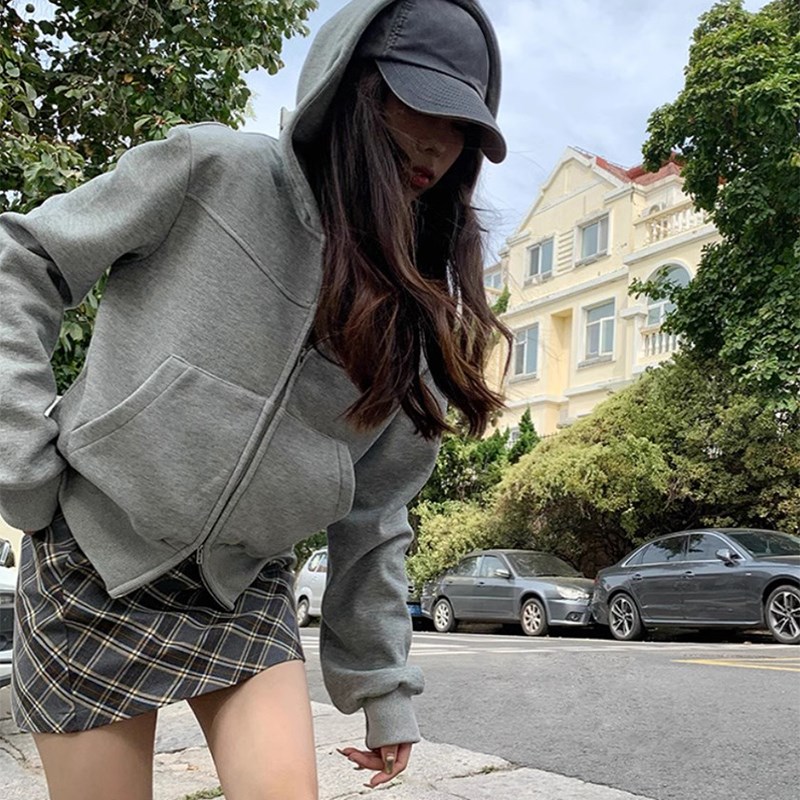 灰色连帽卫衣拉链外套女款秋冬加绒加厚202L4新款爆款长袖宽松上