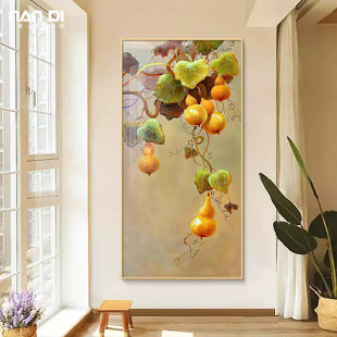 新中式 茶室壁 葫芦入户玄关装 饰画五福临门E客厅走廊过道挂画竖版