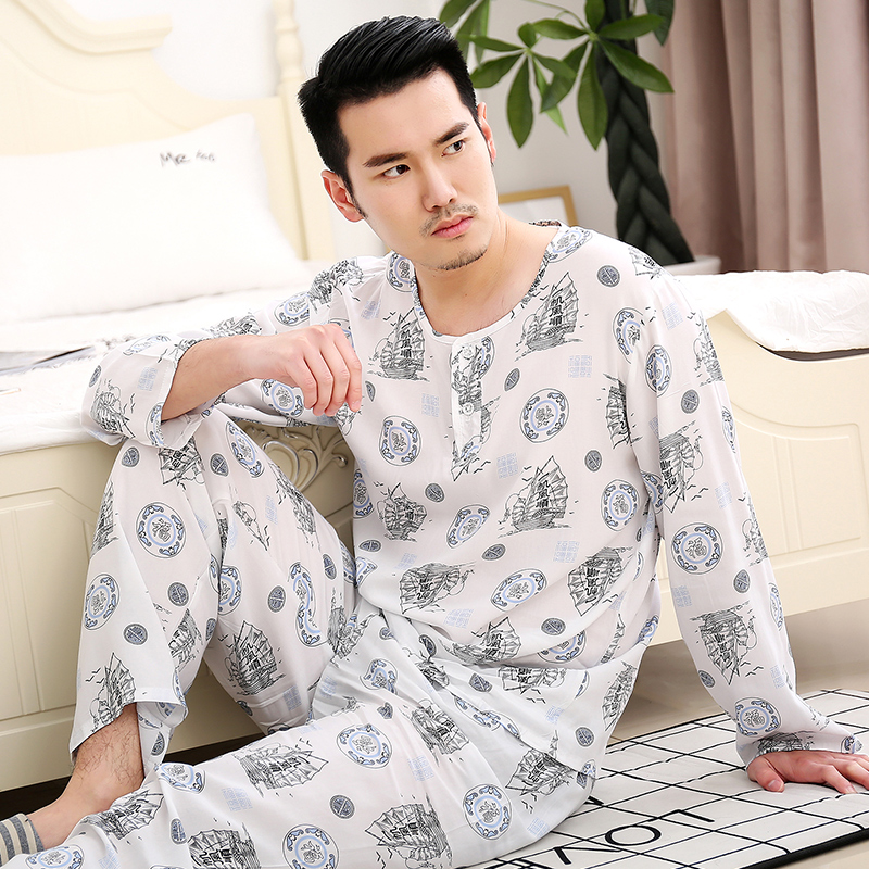 男士睡衣夏季棉绸套o装薄款长袖中年爸爸绵绸青少年人造棉家居服