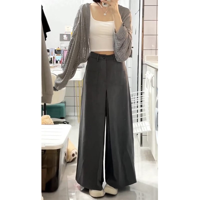 春季灰色休闲西装裙裤女大码胖mm遮肚藏肉设计P感a字宽松阔腿裤裙