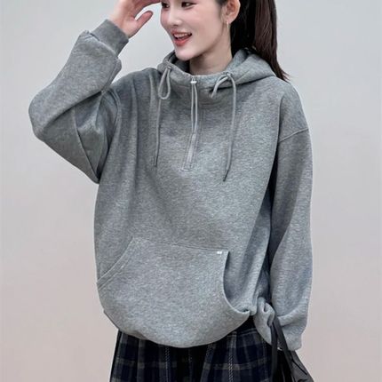 灰色半拉链连帽加绒卫衣女秋冬2024新款爆款宽松S显瘦洋气长袖上