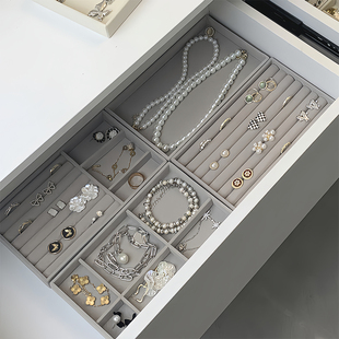 首饰收纳盒放抽屉内置分隔分格子绒布耳钉耳环盒头绳项链戒指托盘
