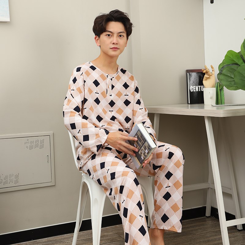 夏季男士睡衣棉绸套装薄款长袖中年爸爸绵绸青少年人造.棉家居服