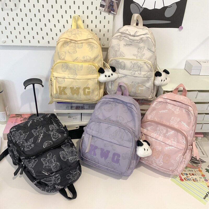 新款可爱ins百搭少女双肩包糖果色小熊印花背包甜美风小学生书包