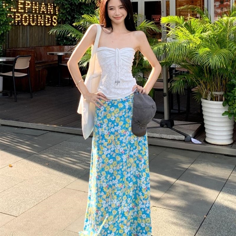 海边度假风套装法式抽绳抹胸背心C上衣女夏高级感碎花半身裙两件
