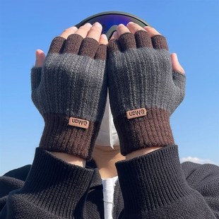 m骑行加厚毛线漏指头学生写字针织保暖半截无 半指手套男露指冬季