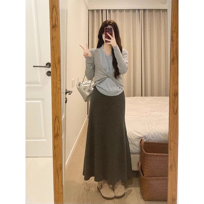 2025开春搭h配一整套设计感针织衫假两件上衣鱼尾半身裙套装女韩