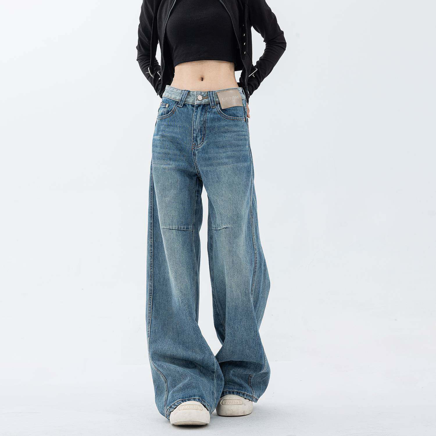 EDX美式覆古蓝色阔腿牛仔裤女夏季高腰拖地直筒裤拼接设计感裤子