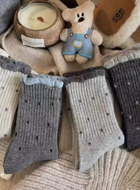 波点花边袜子女秋冬季灰色中筒袜加厚保暖ins韩版复古花边长筒袜