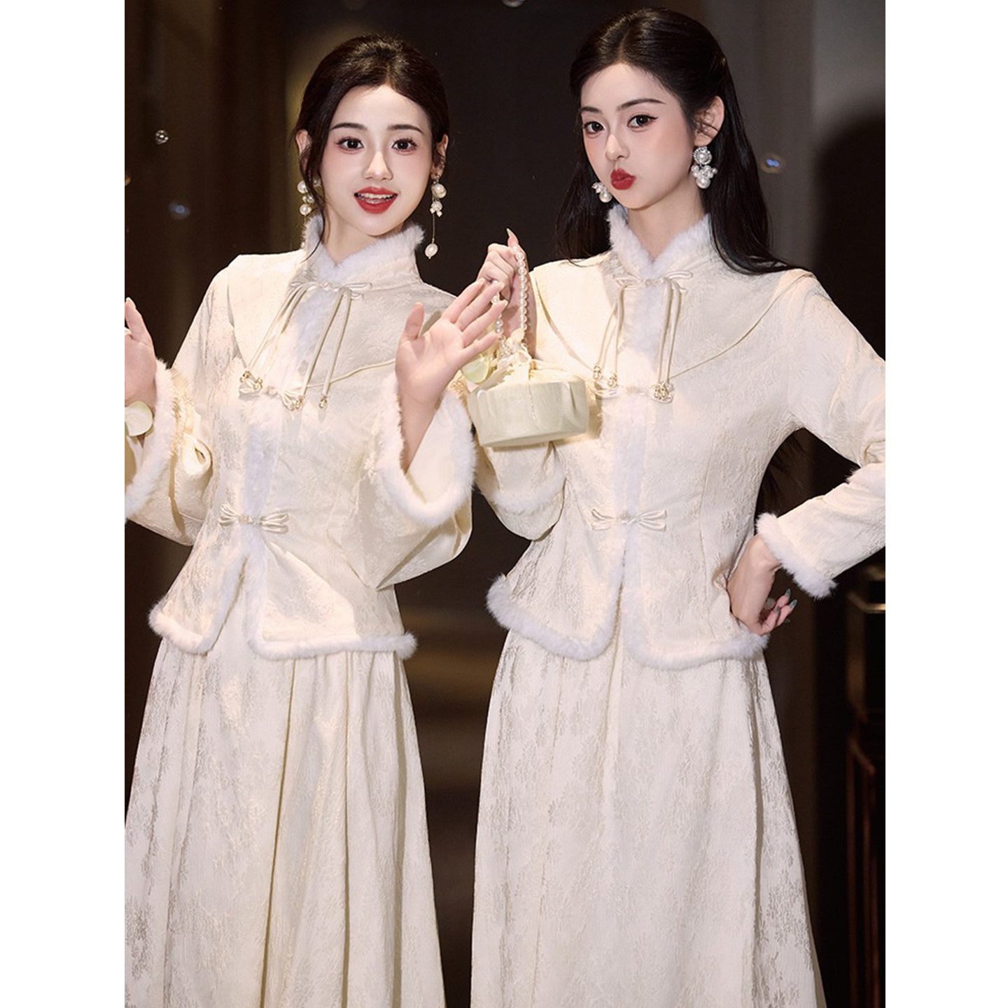 加绒加厚伴娘服2026新款秋冬刺绣秀禾服长袖姐妹团礼服裙平时可穿