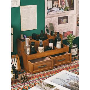 覆古风木质寝室桌面收纳盒化妆品大容量桌上置物架家用防尘小柜子