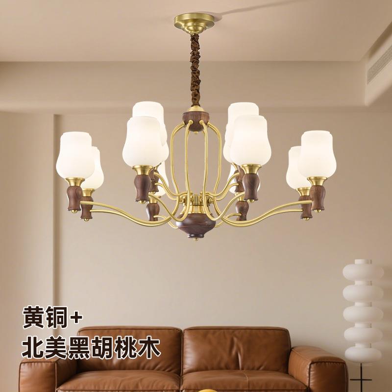 新中式客厅吊灯大厅主灯中古风感黑胡桃实木复古餐厅茶室吊灯