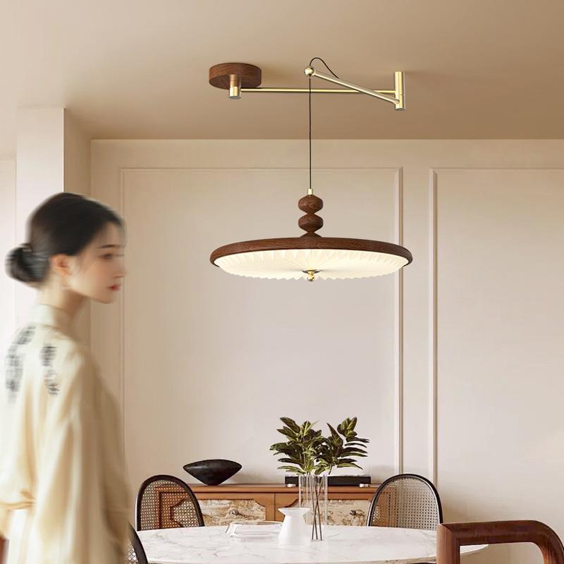 中古风餐厅吊灯胡桃木色复古摇臂餐桌饭厅可移位创意飞碟灯