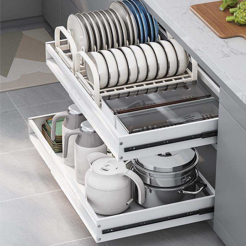 厨房置物拉篮免打孔安装可伸缩厨房碗筷置物架橱柜免打孔收纳架子