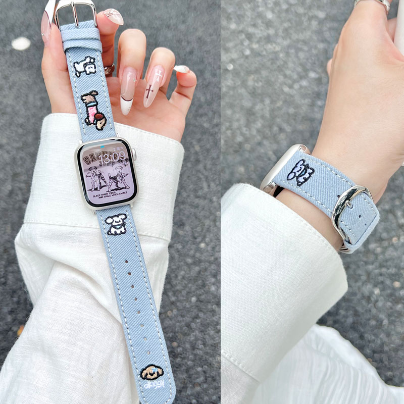 适用苹果刺绣小狗牛仔表带