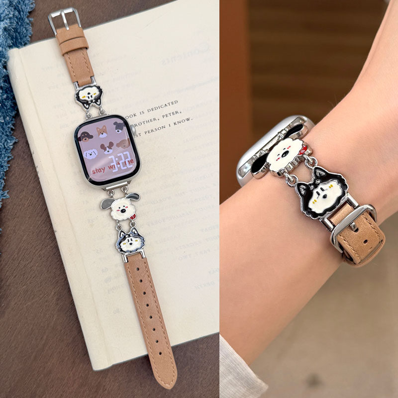 适用苹果iwatch S11代手表表带S10可爱小狗真皮表带S98765432女款腕带SE新款Ultra细款潮高级感轻奢