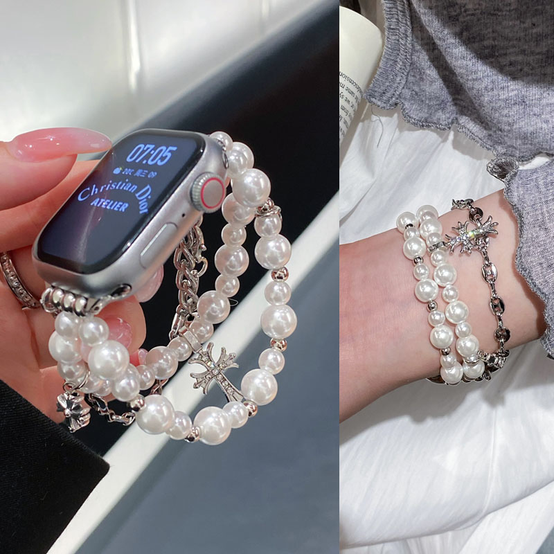 适用苹果iwatch S10手表S9表带S8弹力珍珠手链S76543女款腕带Ultra轻奢高级感替换带夏透气