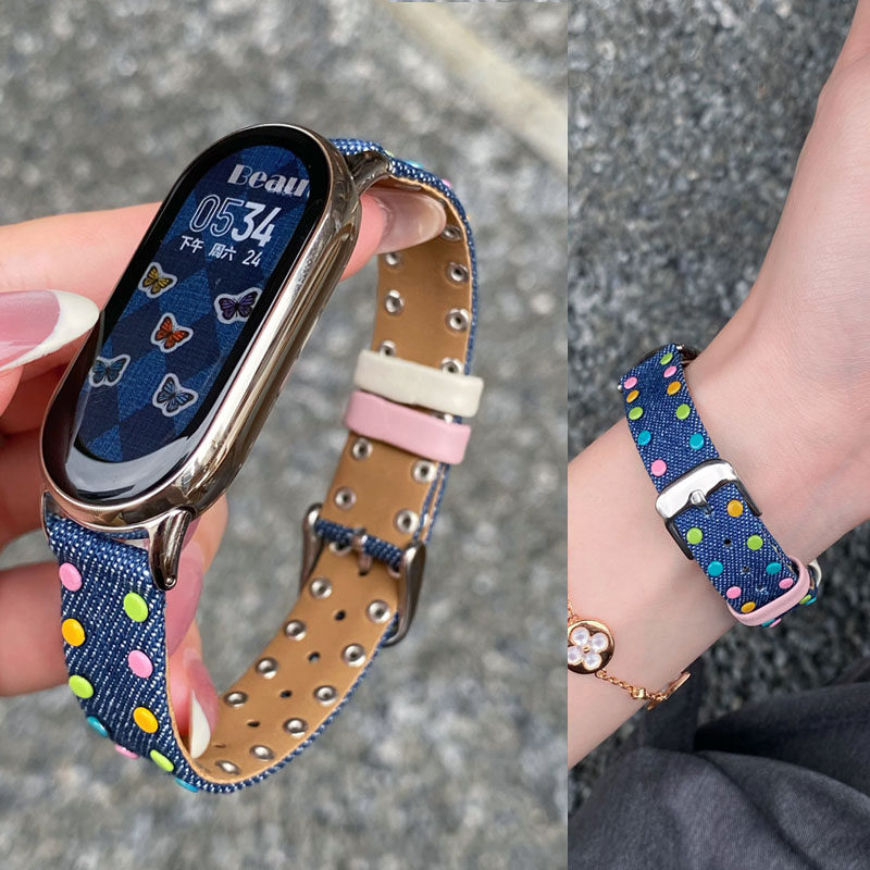 适用小米手环9/9pro表带手环8/8pro手表彩色铆钉牛仔红米watch5/4/3替换带小米Color2腕带S3/S2/S1高级感女款