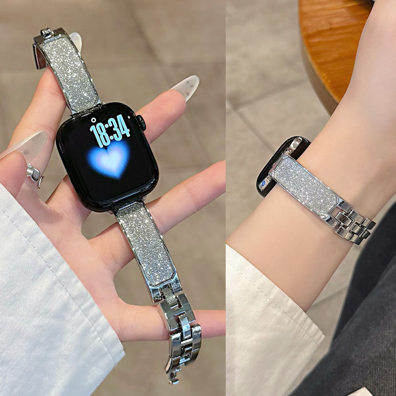 适用苹果iwatch S11代手表S10表带S987654闪粉金属手镯表带SE3小香风高级感Ultra2潮款轻奢