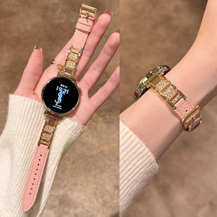 适用三星watch 8手表真皮表带Watch 7 Utra镶钻方块6/5/4/3 classic简细款女新款表带active透气替换带潮设计