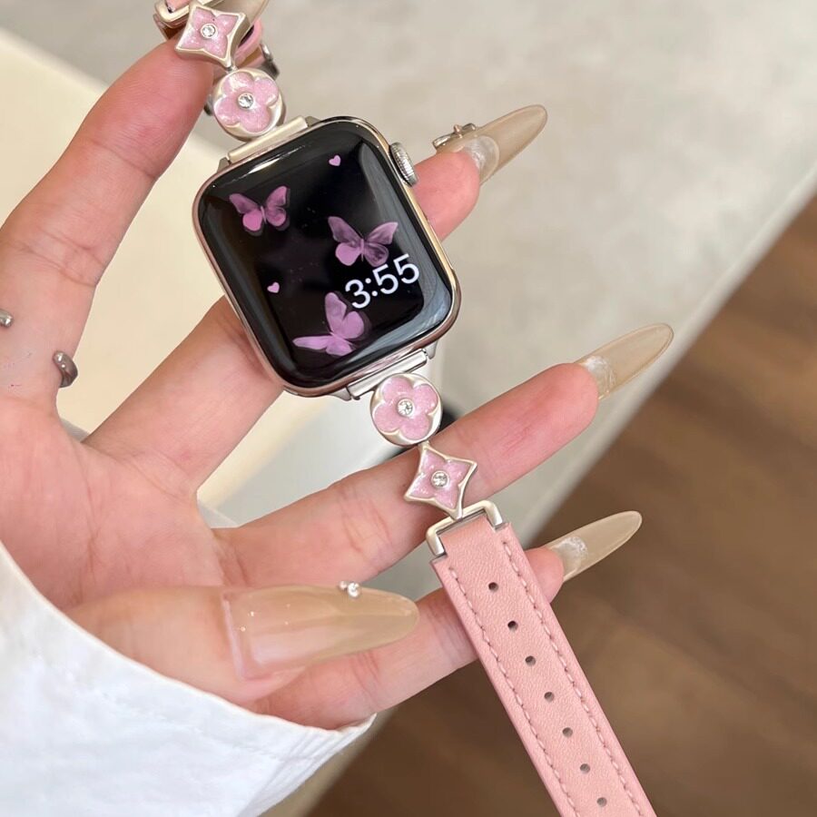 适用苹果S10表带S9手表iwatch S8/7/6/5/4/3四叶草真皮表带Ultra3/2轻奢高级感小众45mm/42替换带