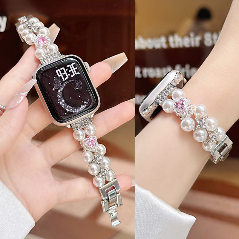 适用苹果手表iwatch S10表带S9/S8/S7/S6/S5锆石爱心蝴蝶幸运草珍珠链Ultra2女新款腕带SE轻奢高级感透气