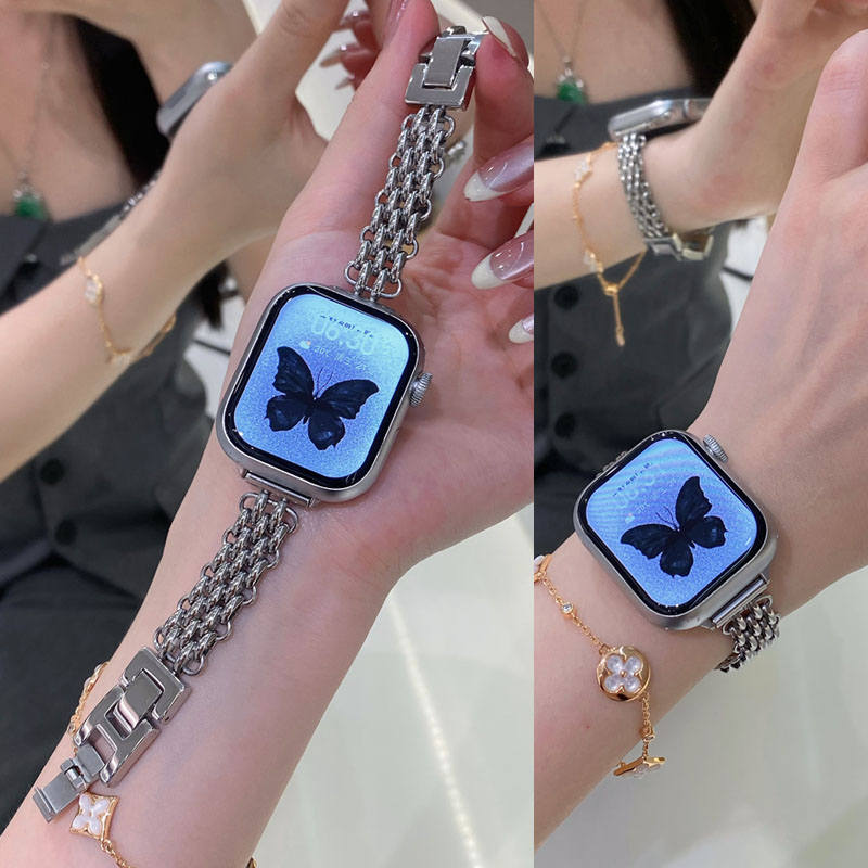 适用苹果iwatch S10手表S9表带S8不锈钢链条S7654透气夏日女款手链Ultra替换带创意不规铡潮款