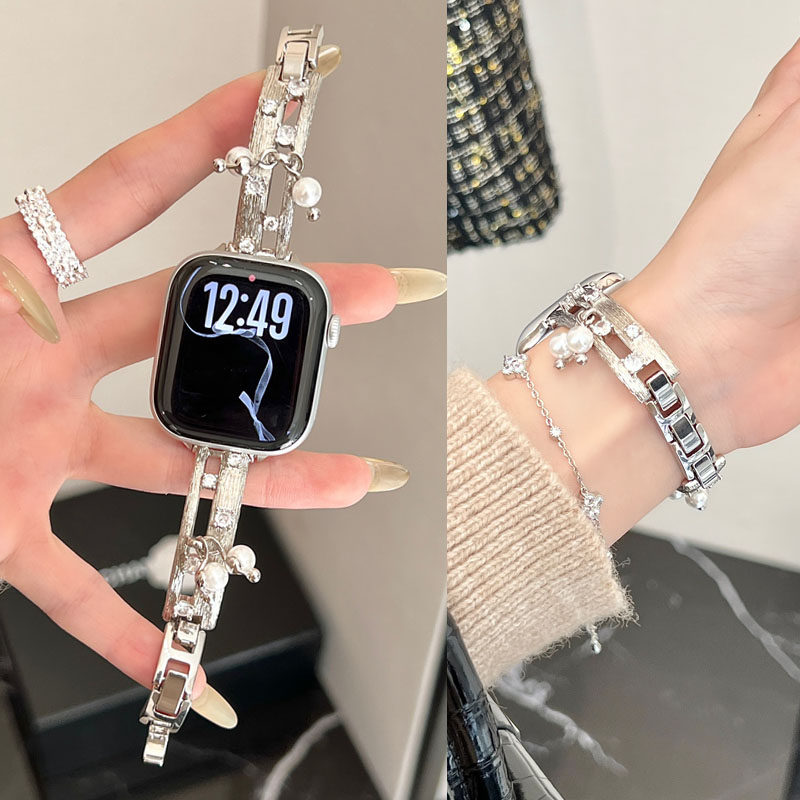 拉丝手镯铜质表带适用苹果iwatch S11手表表带S10珍珠轻奢小香风S98765女新款SE3潮款Ultra2时尚百搭