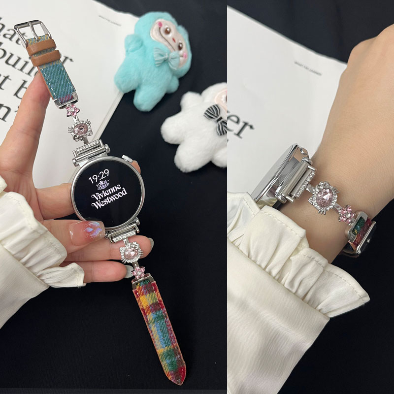 适用小米watch S4 41mm表带手环10/9/8/9pro毛呢真皮KT猫格纹表带小米color 2透气S1/S3/S2红米5/4女腕带细款